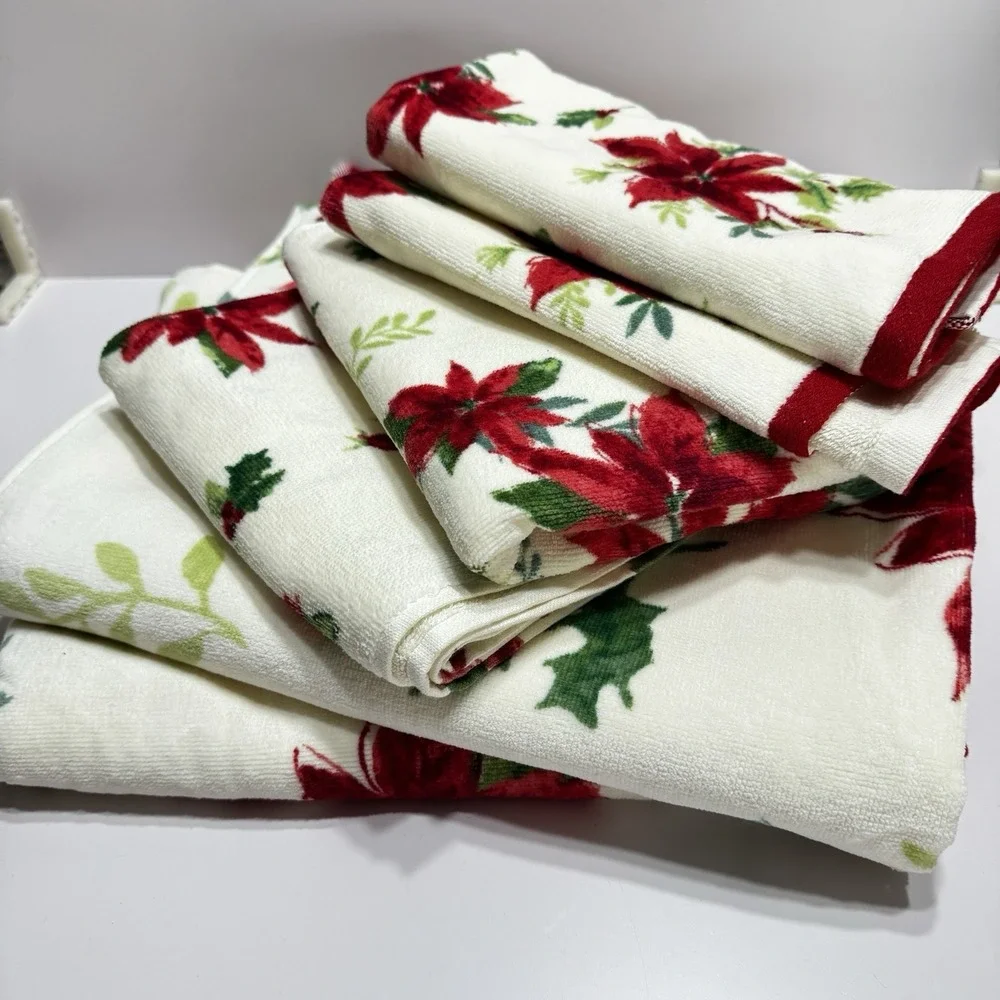 Lenox Winter Meadow 6 Pc Bath Hand Finger Tip Towel Set Poinsettia New Cotton
